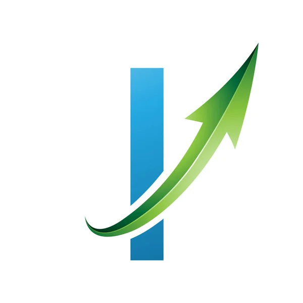 Blue and Green Uppercase Letter I Icon with a Glossy Arrow on a White Background