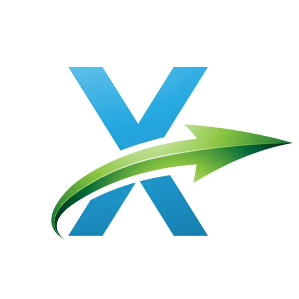 Blue and Green Uppercase Letter X Icon with a Glossy Arrow on a White Background