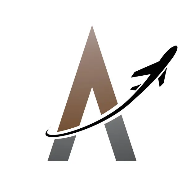 Brown and Black Futuristic Letter A Icon with an Airplane on a White Background