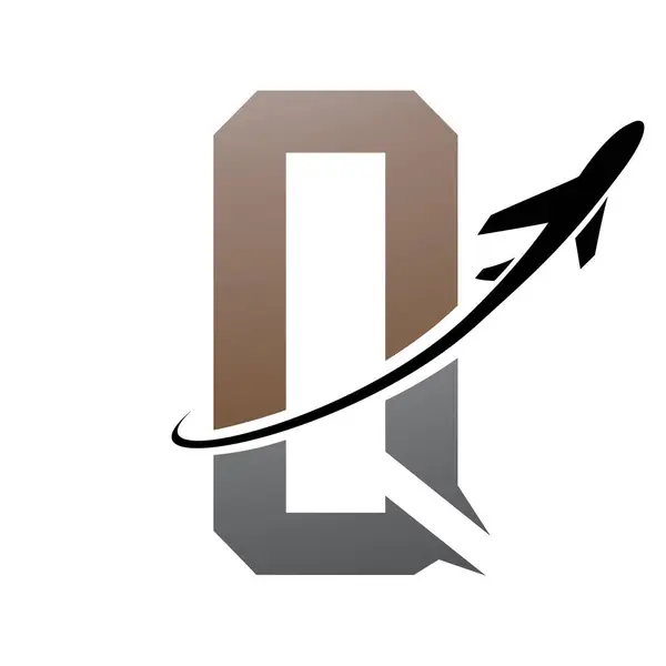 Brown and Black Futuristic Letter Q Icon with an Airplane on a White Background