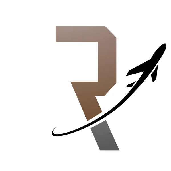 Brown and Black Futuristic Letter R Icon with an Airplane on a White Background