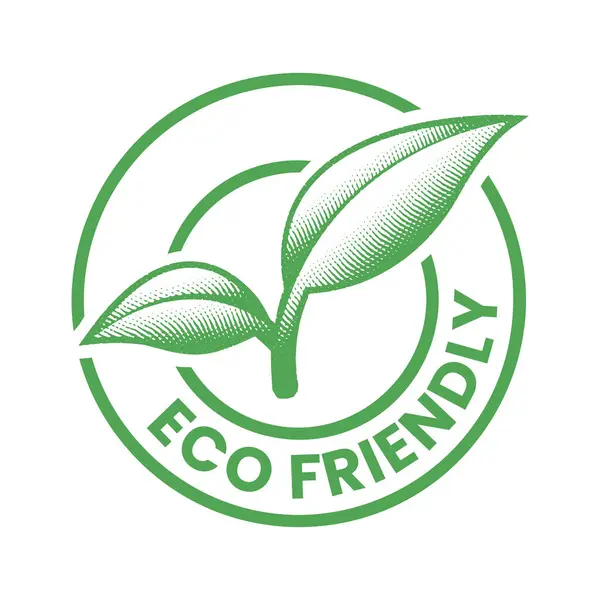 Eco Friendly Engraved Round Icon with 2 Leaves on a White Background