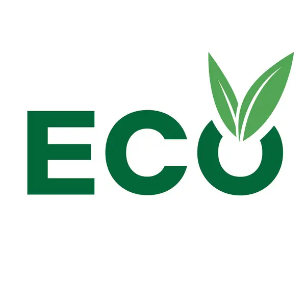 Eco Icon with Dark Green Capital Letters and V Shaped Leaves on a White Background