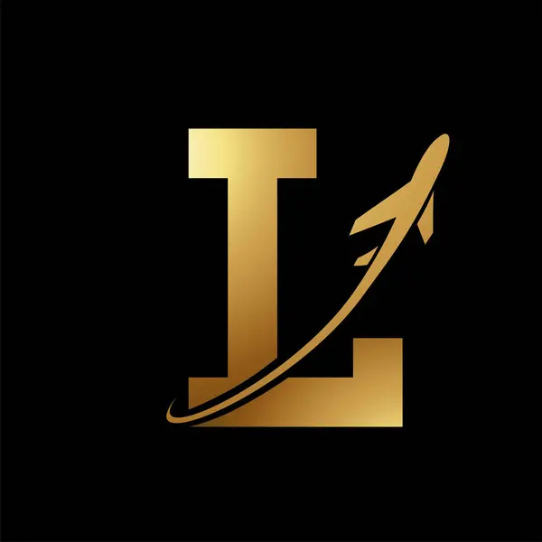 Glossy Gold Antique Letter L Icon with an Airplane on a Black Background