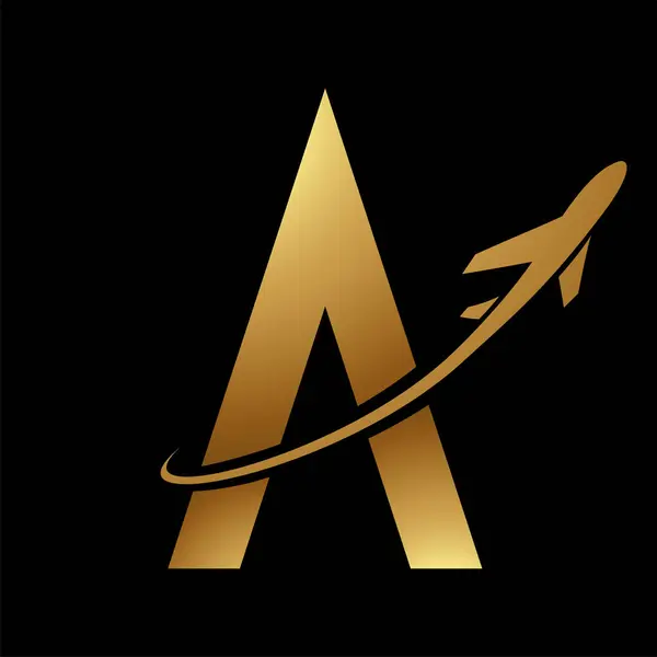 Glossy Gold Futuristic Letter A Icon with an Airplane on a Black Background
