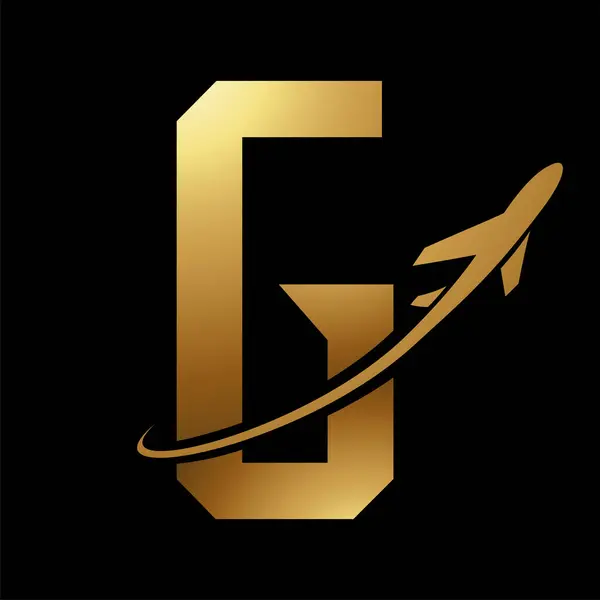 Glossy Gold Futuristic Letter G Icon with an Airplane on a Black Background