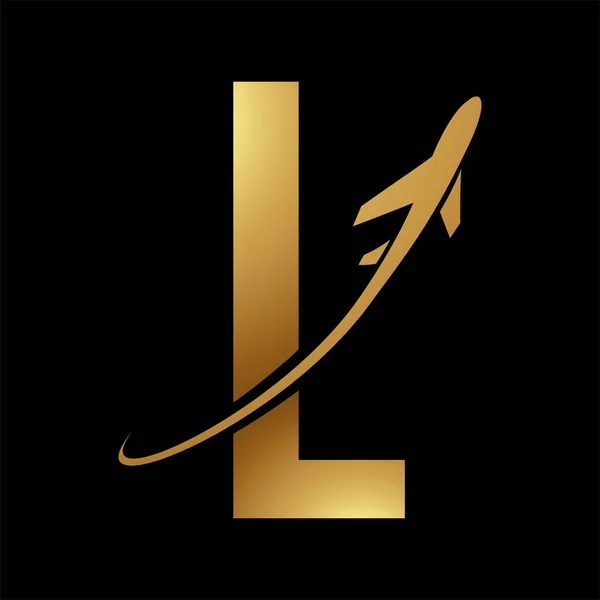 Glossy Gold Futuristic Letter L Icon with an Airplane on a Black Background