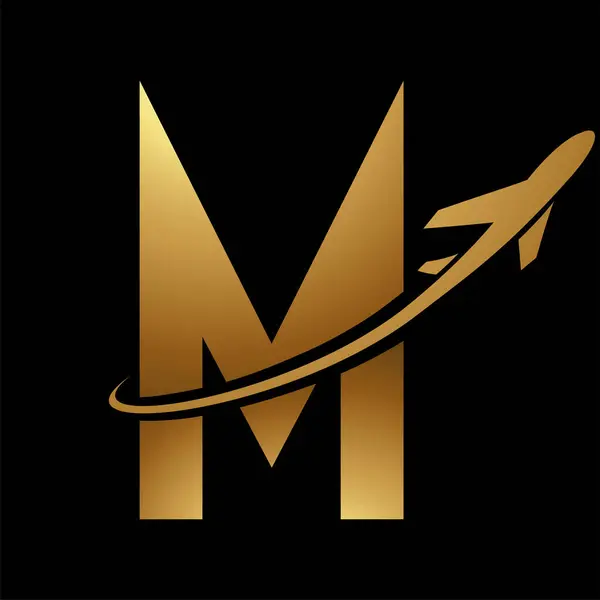 Glossy Gold Futuristic Letter M Icon with an Airplane on a Black Background