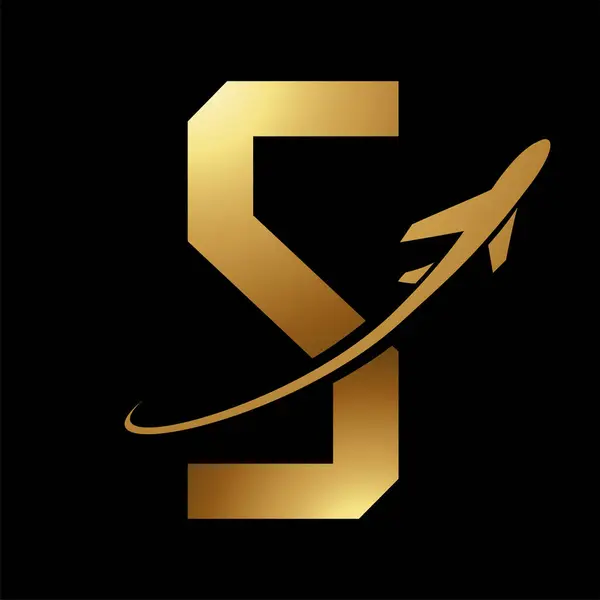 Glossy Gold Futuristic Letter S Icon with an Airplane on a Black Background