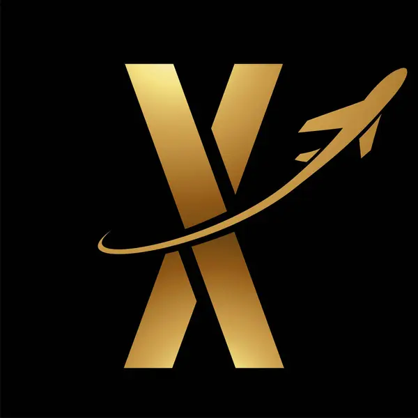 Glossy Gold Futuristic Letter X Icon with an Airplane on a Black Background