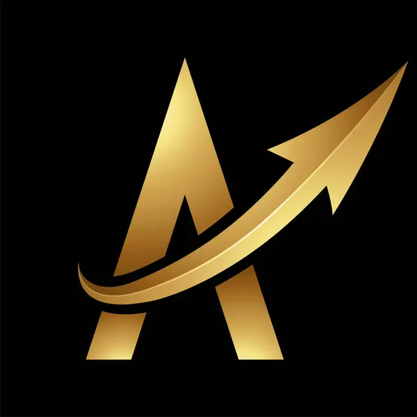 Gold Futuristic Letter A Icon with a Glossy Arrow on a Black Background
