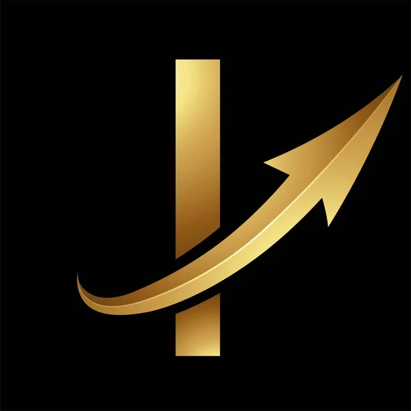 Gold Futuristic Letter I Icon with a Glossy Arrow on a Black Background