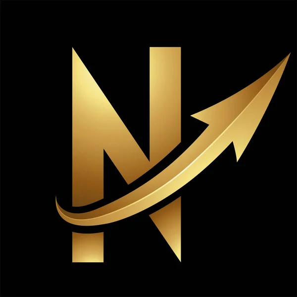 Gold Futuristic Letter N Icon with a Glossy Arrow on a Black Background