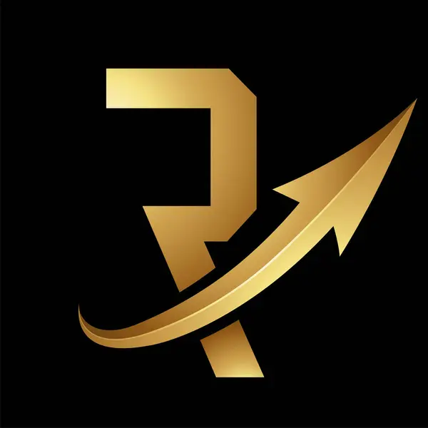 Gold Futuristic Letter R Icon with a Glossy Arrow on a Black Background