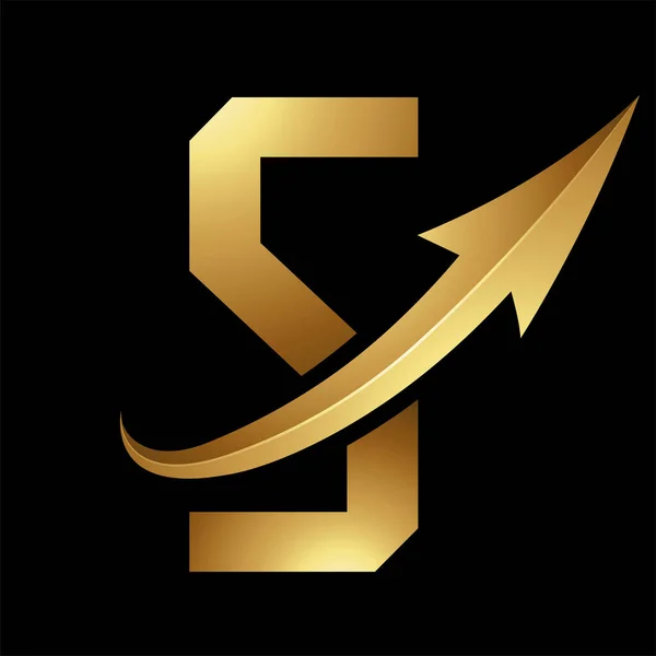 Gold Futuristic Letter S Icon with a Glossy Arrow on a Black Background