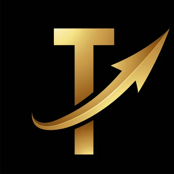 Gold Futuristic Letter T Icon with a Glossy Arrow on a Black Background