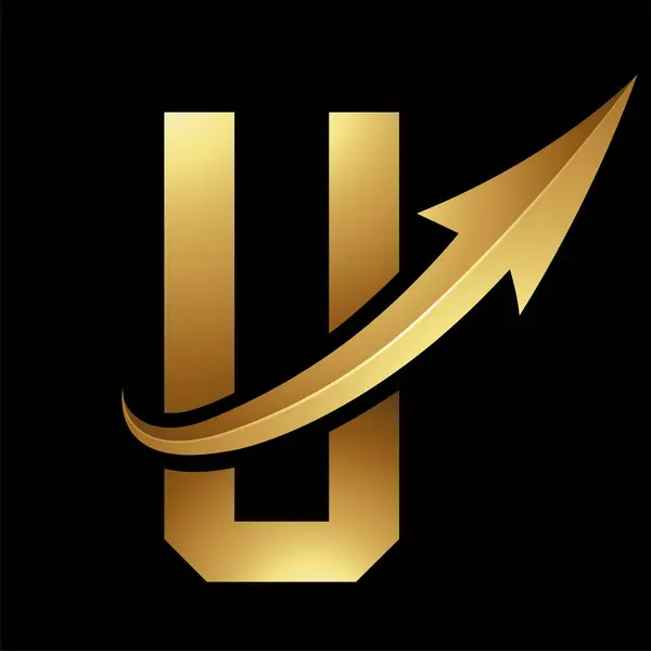 Gold Futuristic Letter U Icon with a Glossy Arrow on a Black Background