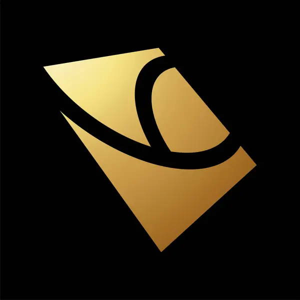 Gold Abstract Distorted Square Icon in Perspective on a Black Background