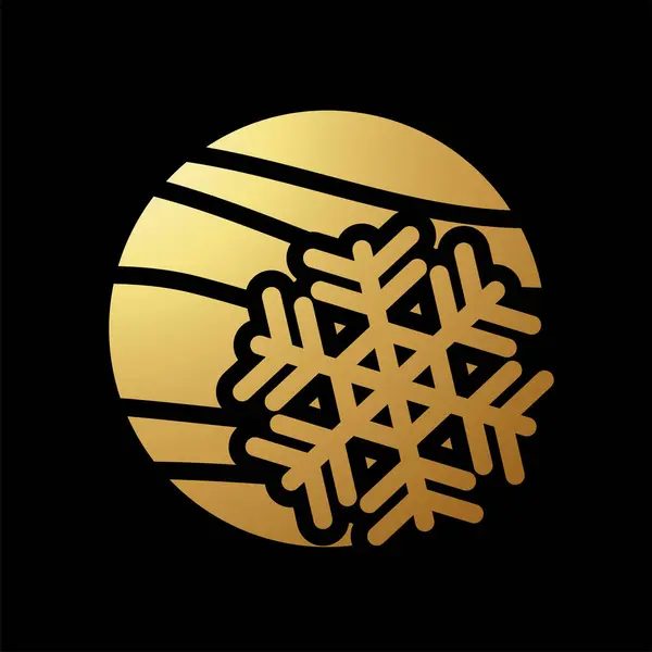 Gold Abstract Icon of a Snowflake Over a Striped Circle on a Black Background