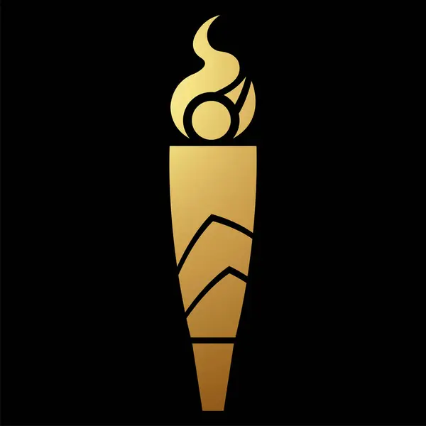 Gold Abstract Long Torch Fire Icon Black Background — Stock Photo, Image