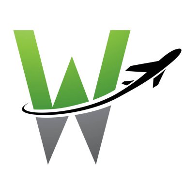 Beyaz Arkaplanda Uçağı Olan Yeşil ve Siyah Fütürist Harf W Simgesi