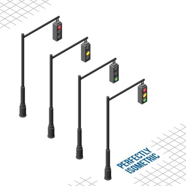 Isometric 4 Sağa Yüzleşen Asılı Trafik Işıkları Beyaz Arkaplanda izole