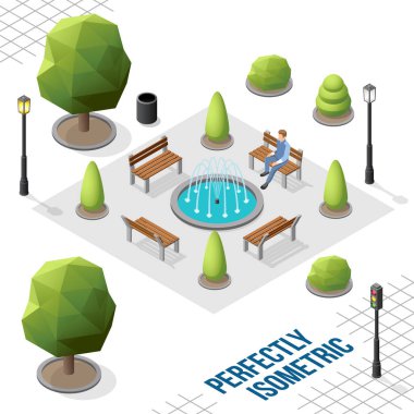 Isometric Park ve Açık Hava Elementleri Beyaz Arkaplanda izole edilmiş