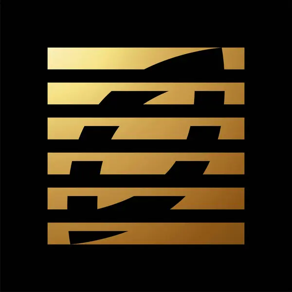 Gold Abstract Square Leaf Icon with Horizontal Stripes on a Black Background