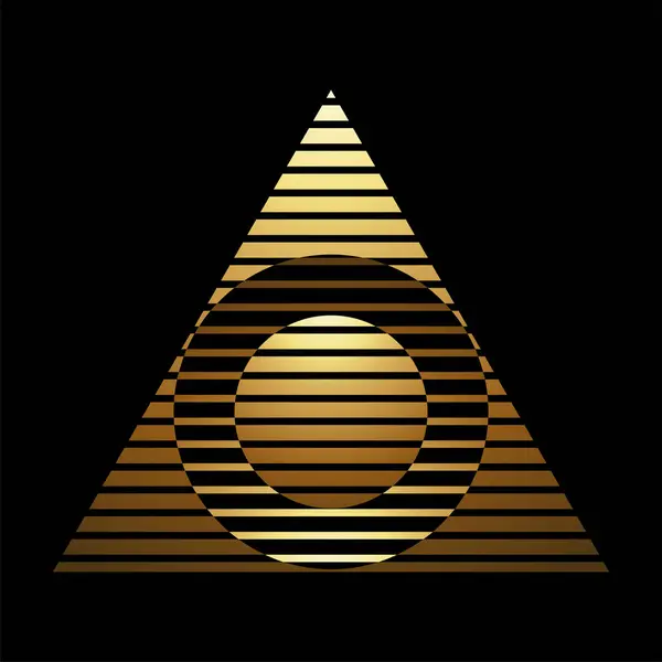 Gold Abstract Striped Triangle Shaped Icon with Circles on a Black Background