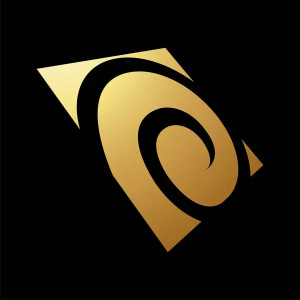 Gold Abstract Swirly Shaped Square Icon in Perspective on a Black Background