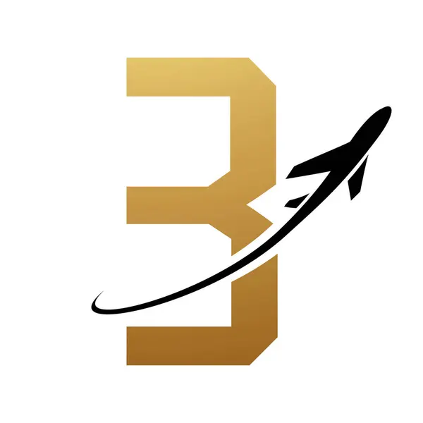 Gold and Black Futuristic Letter B Icon with an Airplane on a White Background