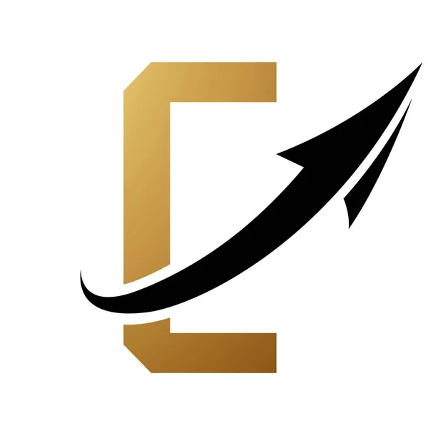Gold and Black Futuristic Letter C Icon with an Arrow on a White Background