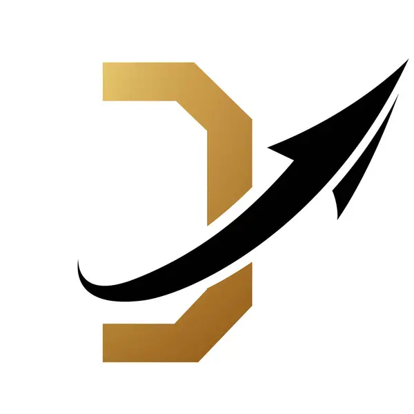 Gold and Black Futuristic Letter D Icon with an Arrow on a White Background