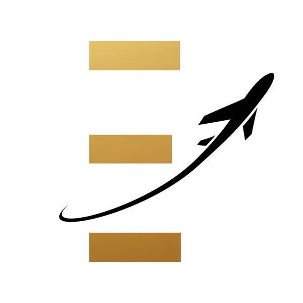 Gold and Black Futuristic Letter E Icon with an Airplane on a White Background