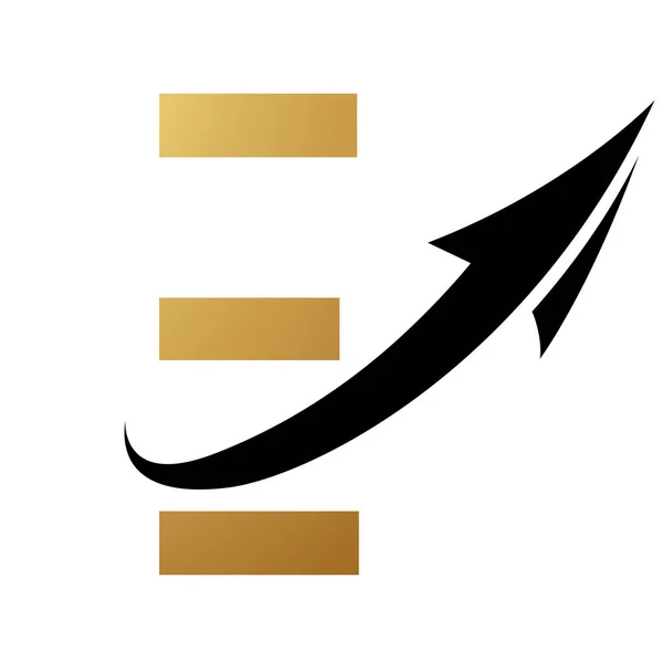 Gold and Black Futuristic Letter E Icon with an Arrow on a White Background