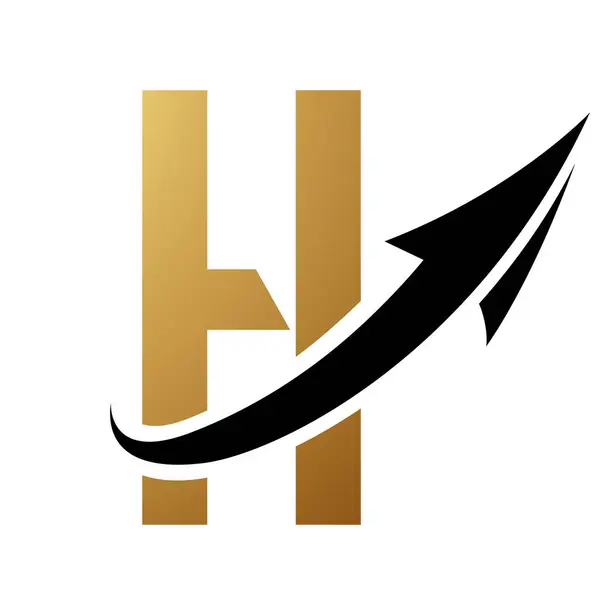 Gold and Black Futuristic Letter H Icon with an Arrow on a White Background