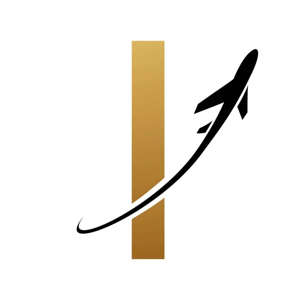 Gold and Black Futuristic Letter I Icon with an Airplane on a White Background