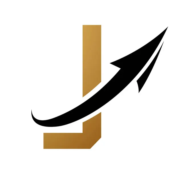 Gold and Black Futuristic Letter J Icon with an Arrow on a White Background