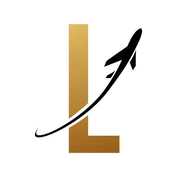 Gold and Black Futuristic Letter L Icon with an Airplane on a White Background