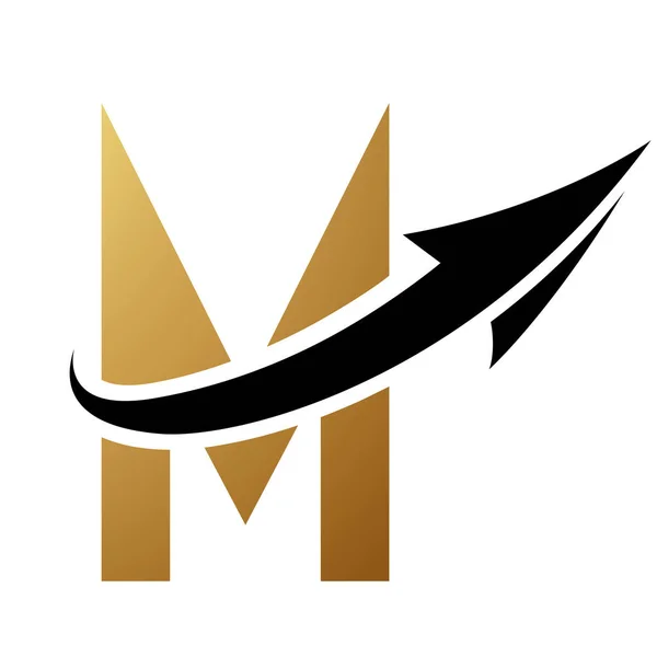 Gold and Black Futuristic Letter M Icon with an Arrow on a White Background
