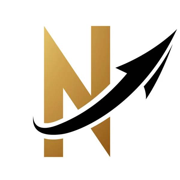 Gold and Black Futuristic Letter N Icon with an Arrow on a White Background