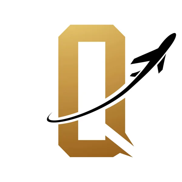 Gold and Black Futuristic Letter Q Icon with an Airplane on a White Background