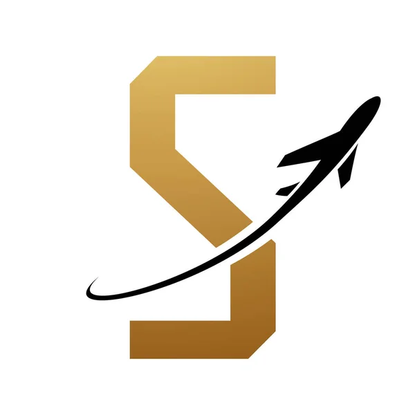 Gold and Black Futuristic Letter S Icon with an Airplane on a White Background