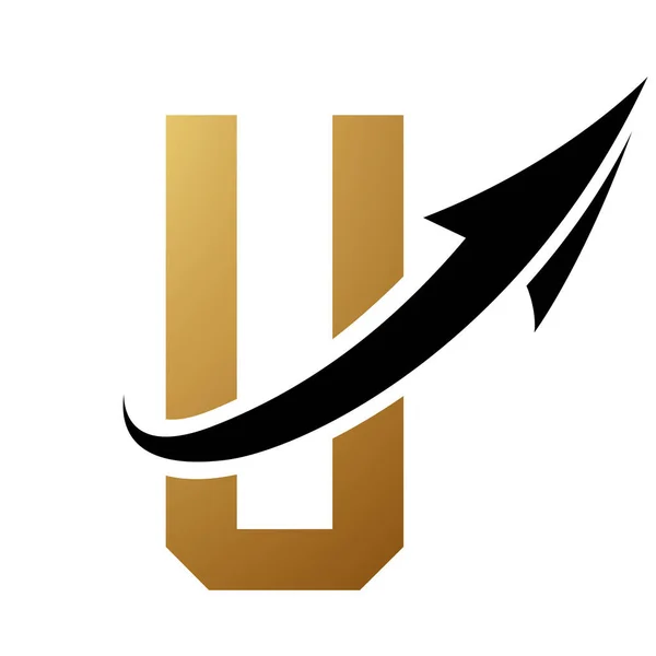 Gold and Black Futuristic Letter U Icon with an Arrow on a White Background