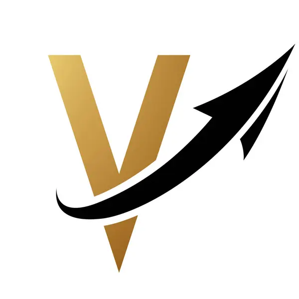 Gold and Black Futuristic Letter V Icon with an Arrow on a White Background