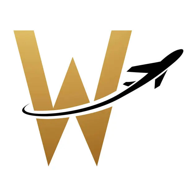 Gold and Black Futuristic Letter W Icon with an Airplane on a White Background