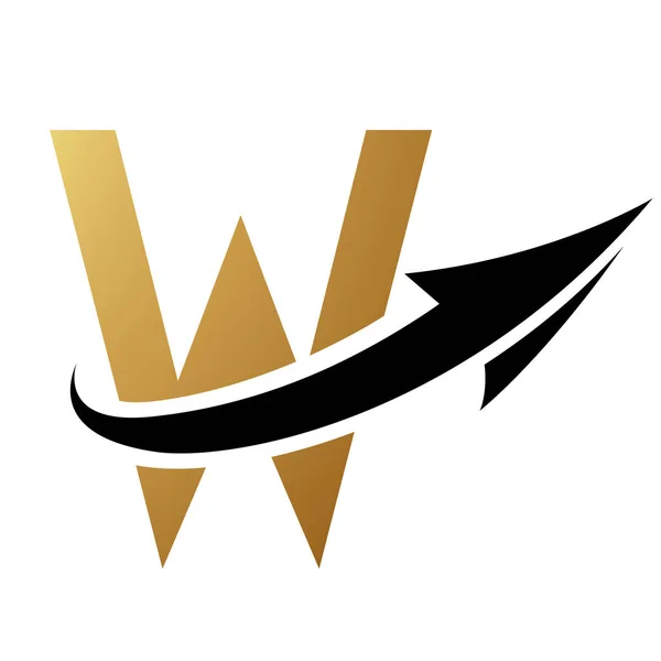 Gold and Black Futuristic Letter W Icon with an Arrow on a White Background