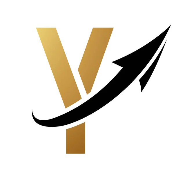 Gold and Black Futuristic Letter Y Icon with an Arrow on a White Background