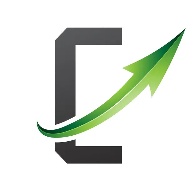 Green and Black Futuristic Letter C Icon with a Glossy Arrow on a White Background