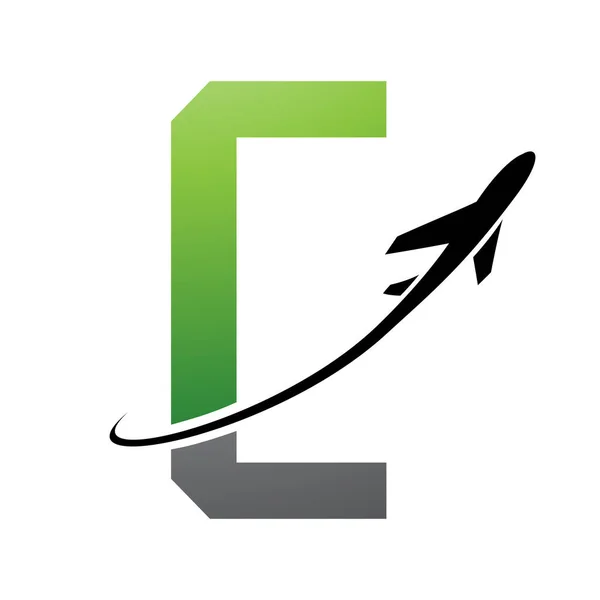Green and Black Futuristic Letter C Icon with an Airplane on a White Background